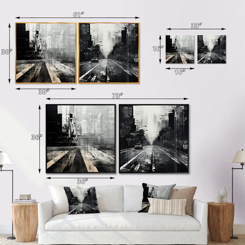 Paysage urbain noir et blanc - ensemble de 2 collages carrés, Cadre flottant noir, H 36 po x l 73 po