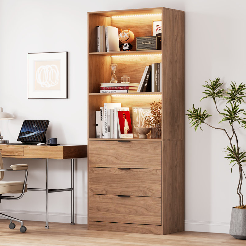 78.7" Walnut Bookcse With 3 Drawers, Display Cabinet With Led Lights