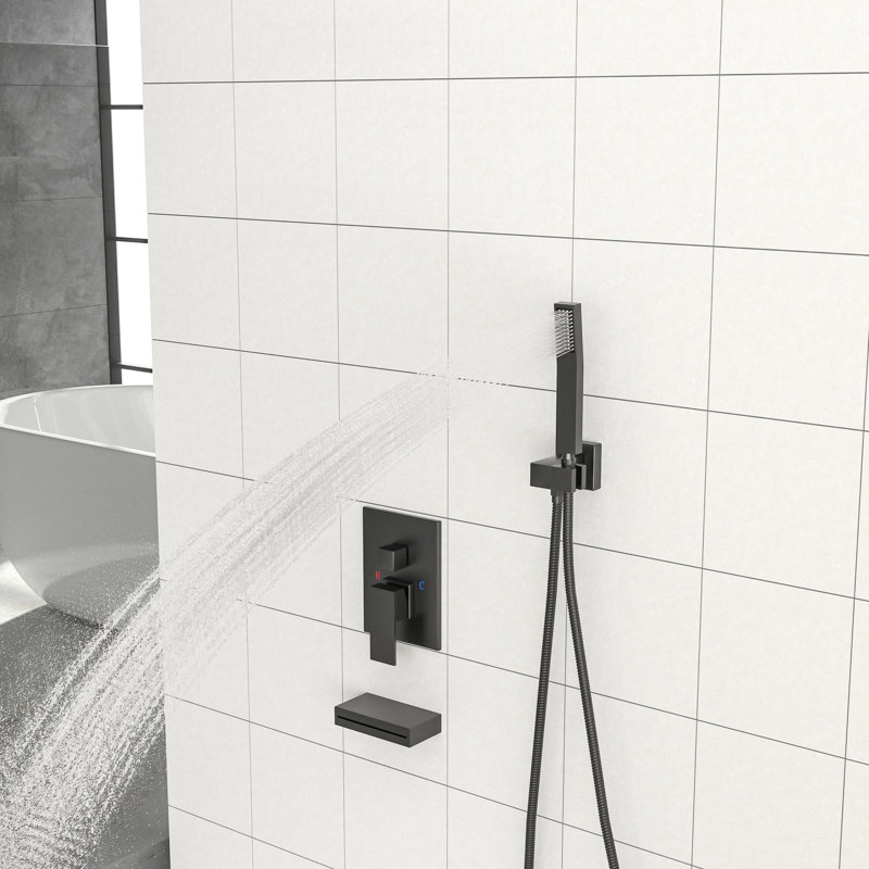 Matte Black Ceiling Mounted Shower System: 12 Inch Square & Handheld Tub Assembly: 12" Rainfall, Spout, Matte Black