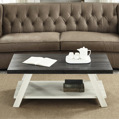 Table basse rectangulaire en bois avec base beige et plateau gris anthracite avec espace de rangement