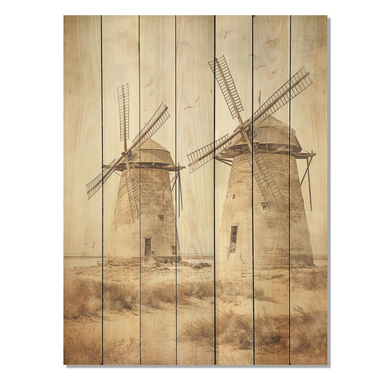 Millésime rétro, vue sépia I - Éoliennes sur bois, H 32 po x l 24 po