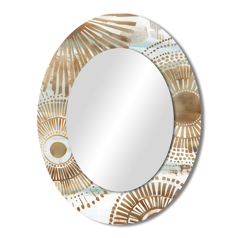 Mandala bohémien beige et doré, Simplicity Boho III - Miroir décoratif géométrique ovale sur métal, 43 po x 33 po