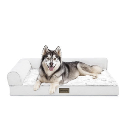 PV Velvet and Linen Removable Washable Cover Dog Bed with L-Shape Armrest, Anti-Slip Base with Non-Skid Dots,