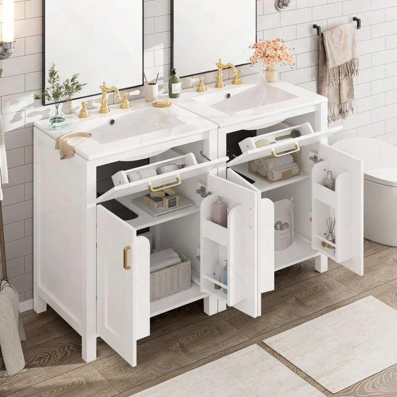Meuble-lavabo moderne avec lavabo en céramique à fermeture en douceur et rangement, Blanc