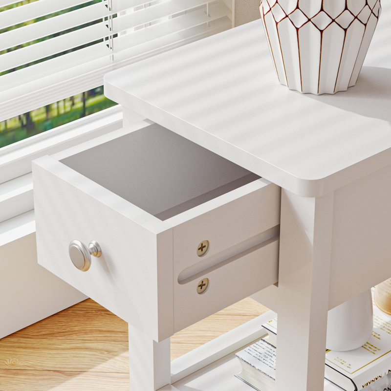 24'' Tall End Table, Narrow Side Table with Drawer and Shelves for Small Space, White, 1