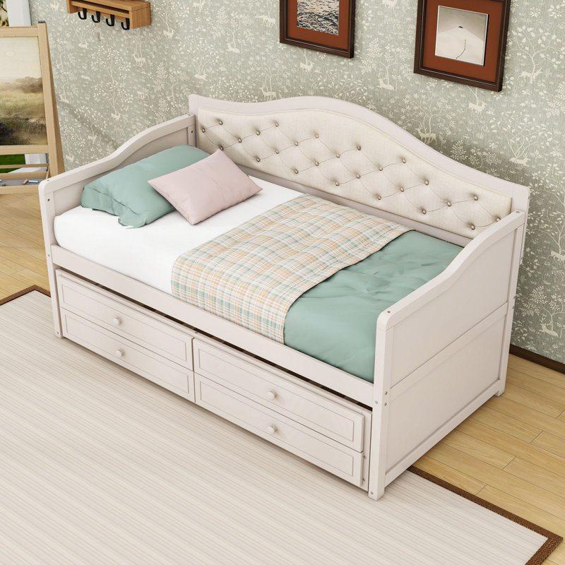 Lit de jour simple avec couchette simple et tiroirs de rangement, Beige