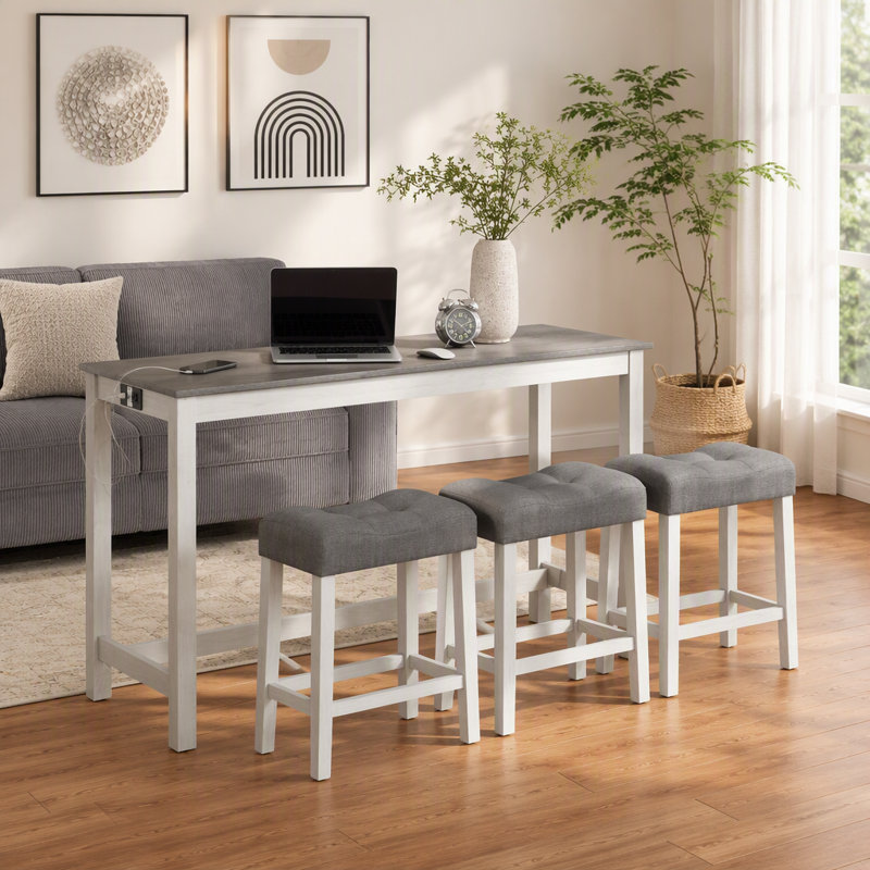 Ensemble de table de bar 4 pièces avec prise électrique, comprenant table et chaises, table de bar avec tabourets, table d'appoint derrière le canapé avec 3 tabourets rembourrés, pour salon et salle à manger, blanc et gris.