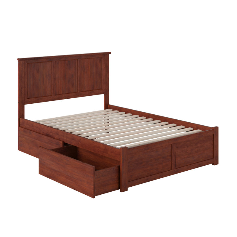 Lit plateforme en bois massif avec pied de lit et tiroirs de rangement Fogarty, Double, Noyer