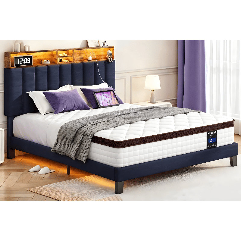 Structure de lit tapissier avec tête de lit avec tête de lit et matelas en mousse à mémoire de forme - grand