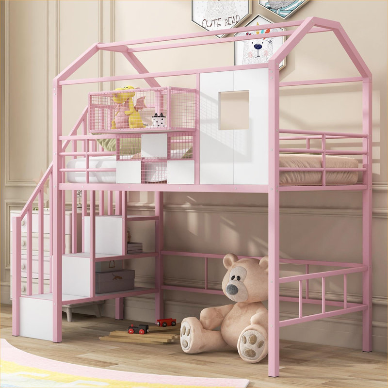 Structure de lit mezzanine simple en métal sur le toit avec boîte de rangement supérieure intégrée, rose classique pour les petites chambres