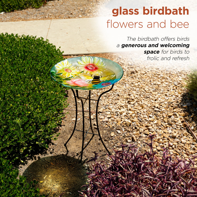 18"W Glass Bee Birdbath with Metal Stand
