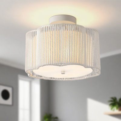 Dimmable Semi Flush Mount Ceiling Light Rattan Drum Pendant Lighting Chandelier