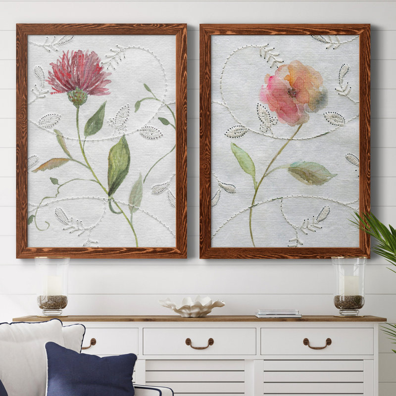 Broderie botanique I - ensemble de 2 impressions, Toile avec cadre érable, Pas de tapis, H 44 po x l 31 po x P 1 po