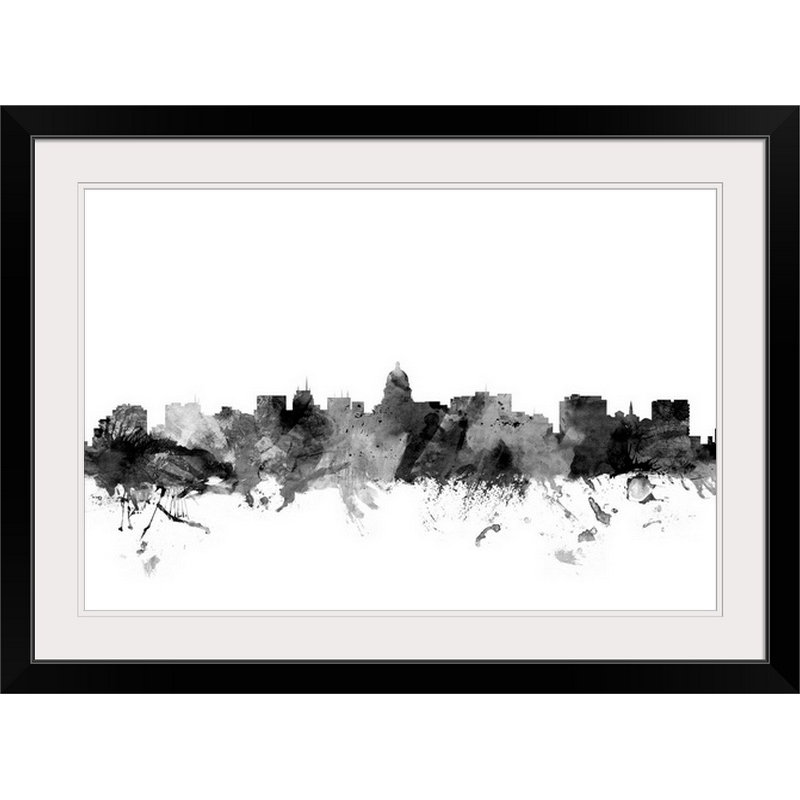 «Francy Madison Wisconsin Skyline» par Michael Tompsett, impression, Cadre noir, H 24 po x l 32 po x P 1 po