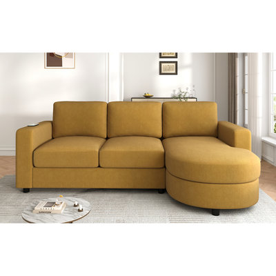 Canapé modulaire moderne en L avec méridienne incurvée, ports USB et poches de rangement latérales pour une vie confortable