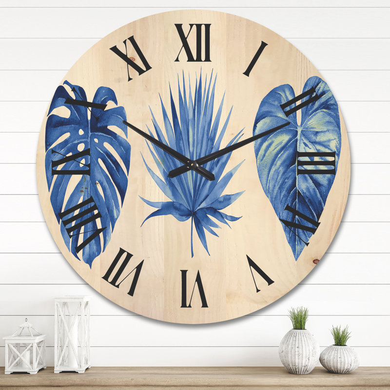 Horloge murale en bois feuilles tropicales, Très grand