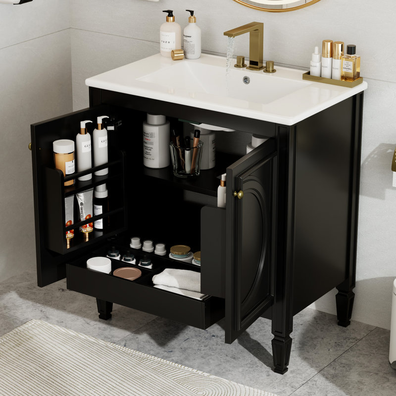 Meuble-lavabo noir de 76 cm (30 po) avec tiroir spacieux. Bois véritable et matériaux nobles, lavabo en céramique et grand meuble-lavabo, style vintage. Finition, construction et trop-plein inclus.