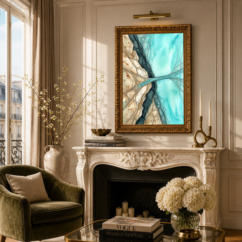 Aquarelle sur toile bleu sarcelle et beige, 30"H x 20"W