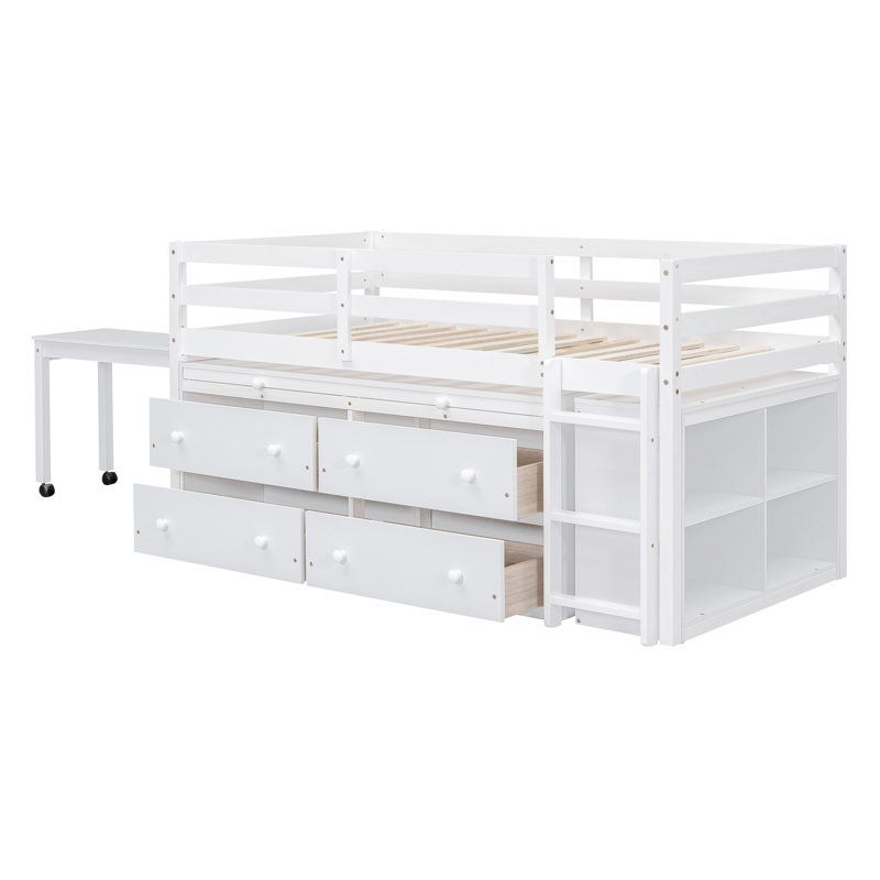 Loft Bed with Retractable Writing Desk and 4 Drawers, Wooden Loft Bed with Lateral Portable Desk and Shelves, Twin, White