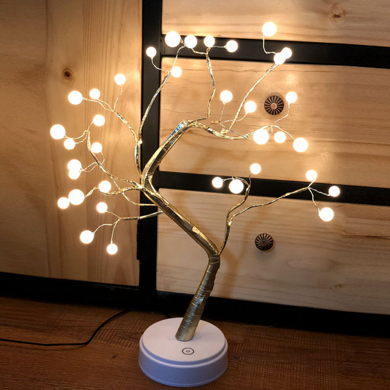 Artificial Pearl Ball Tree Branch Night Light, Gold