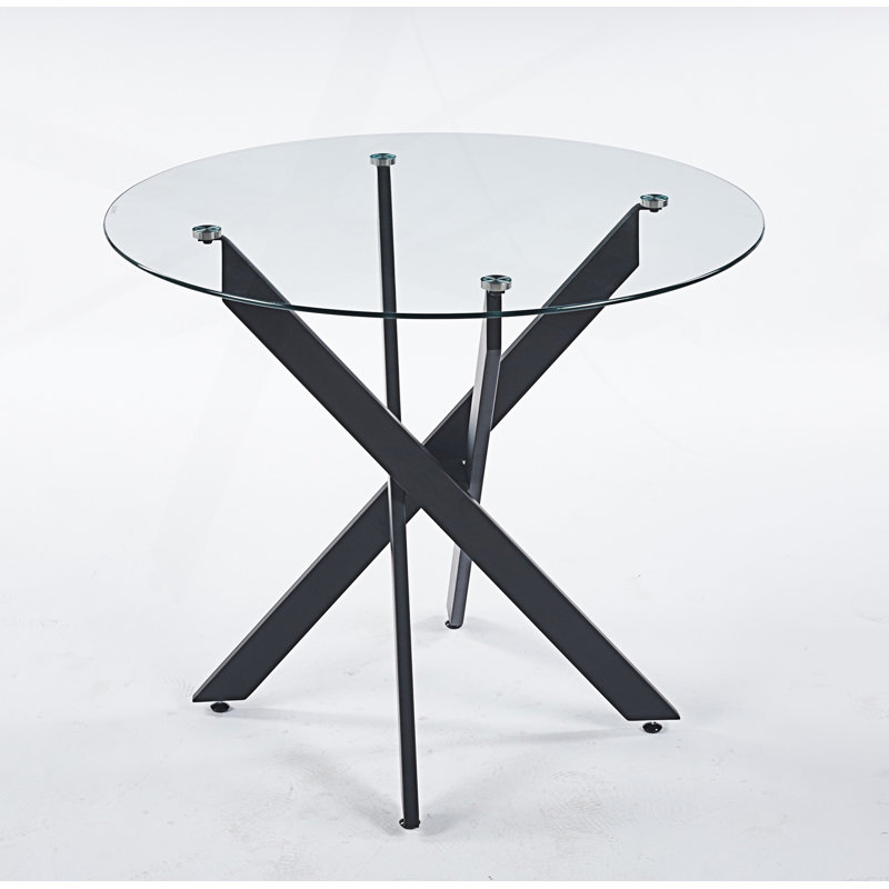 Dining Table With Cross Metal Leg And Tempered Glass Top, Black