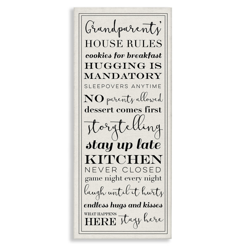 «Grandparents House Rules» par Daphne Polselli - impression d'art textuel, H 30 po x l 13 po x P 1,5 po