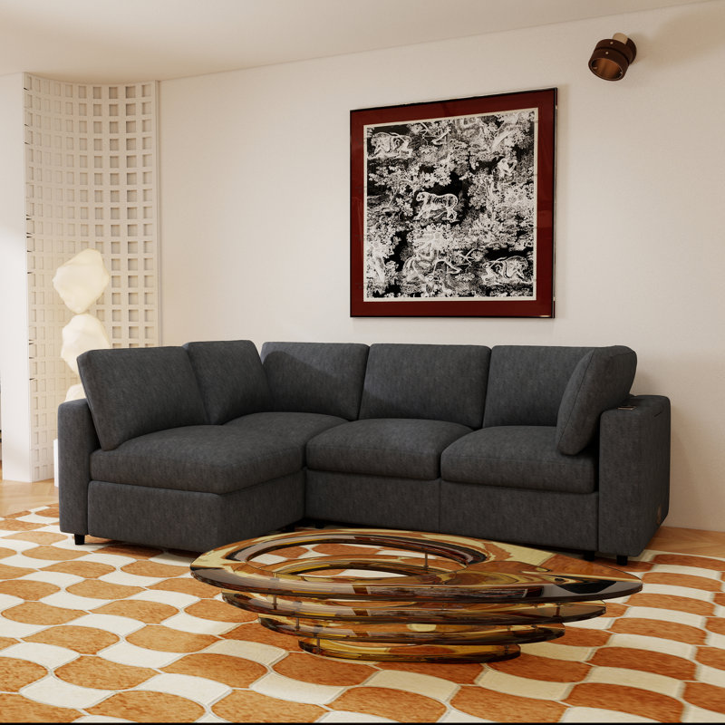 Upholstered Modular Sofa With Storage，Modern Sofa With Wireless Charging And Built-In Bluetooth Speaker In Arm, Gray Chenille