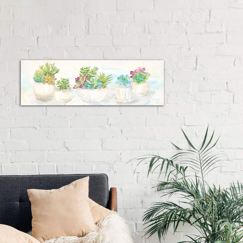 Sweet Succulents Panel by Cynthia Coulter - Panoramic Painting on Canvas, 121.92 cm H x 40.64 cm W, Brown Floater Framed