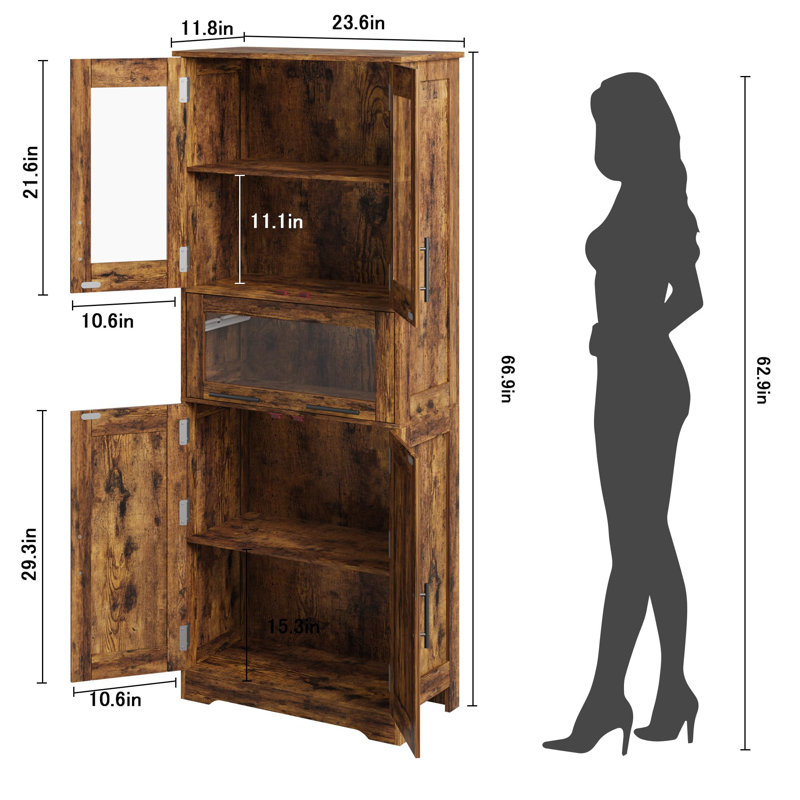 Armoire de salle de bain haute, armoire de rangement en lin avec portes, tablettes réglables et tiroir, Brun