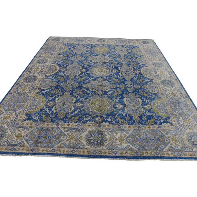 Hand Knotted Wool Area Rug in Blue And Beige