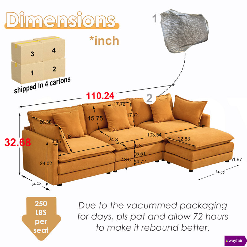 Lashanda 110.24"W Extra Deep Seat Modular Sectional With An Ottoman Sofa, Orange