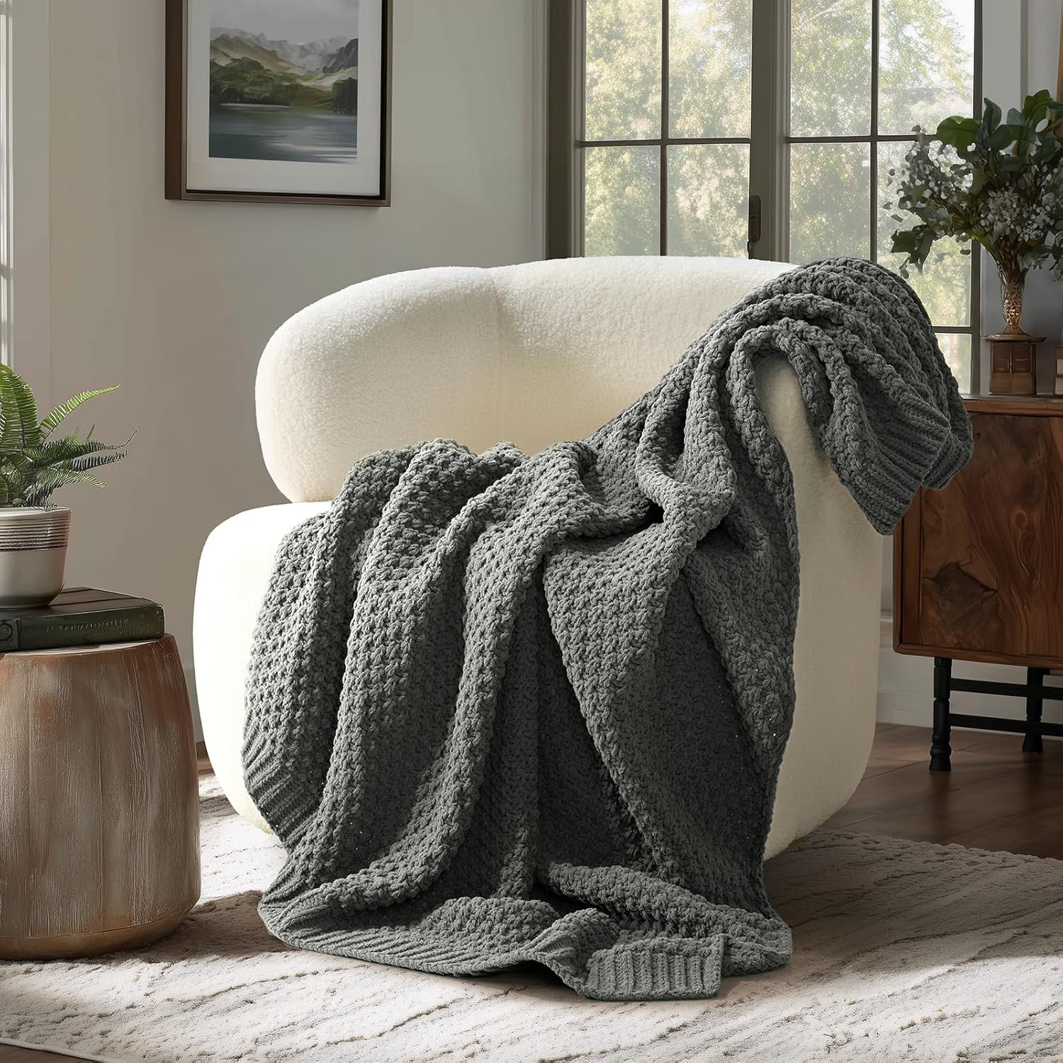 Chunky Chenille Weighted Throw Blanket, 80" L x 60" W, Charcoal Gray