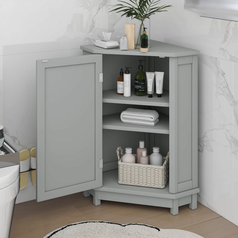 Corner Storage Cabinet With Doors, Triangle Bathroom Cabinet With Adjustable Shelves, Gray