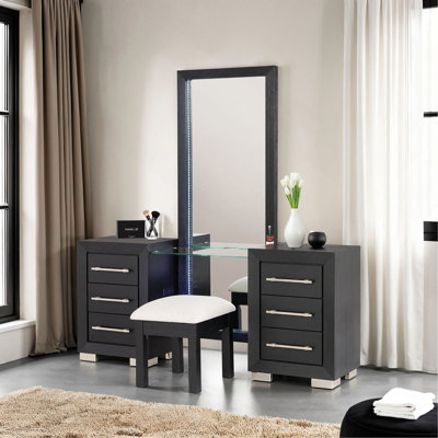 Meuble-lavabo 1Pc avec pieds de tabouret en métal avec port USB et glissières à roulement à billes avec plateau en verre et miroir complet