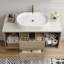 Meuble-lavabo mural de 38,2 pouces avec lavabo ovale en céramique, meuble-lavabo flottant avec tiroirs à fermeture en douceur, armoire de rangement en bois massif, tablette ouverte, lavabo de salle de bain moderne pour petit espace