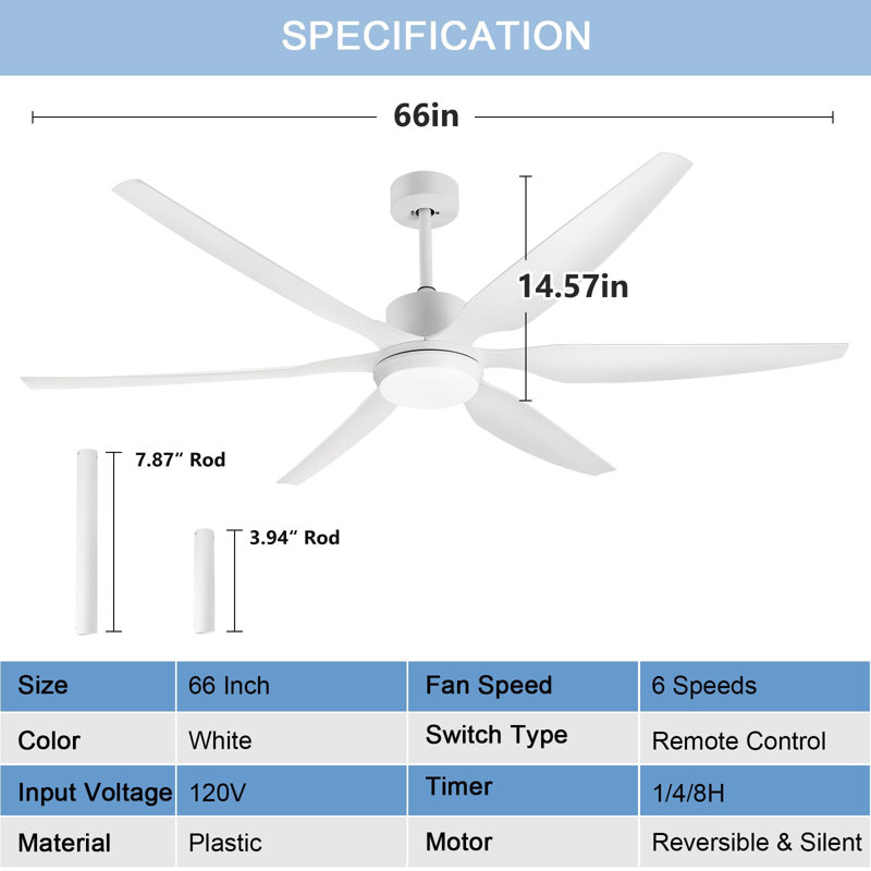 66" White Ceiling Fans with Lights Remote Control, Indoor Outdoor