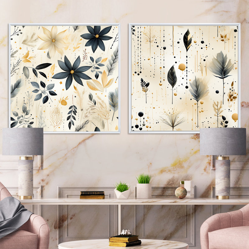 Clarkesville - Ensemble de 2 collages carrés botaniques abstraits, Cadre flottant blanc, H 16 po x l 33 po
