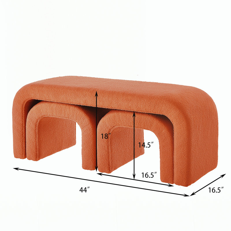 Set of 3 U-Shaped Modern Ottoman Bench for Entryway, Bedroom End of Bed, Orange, Orange