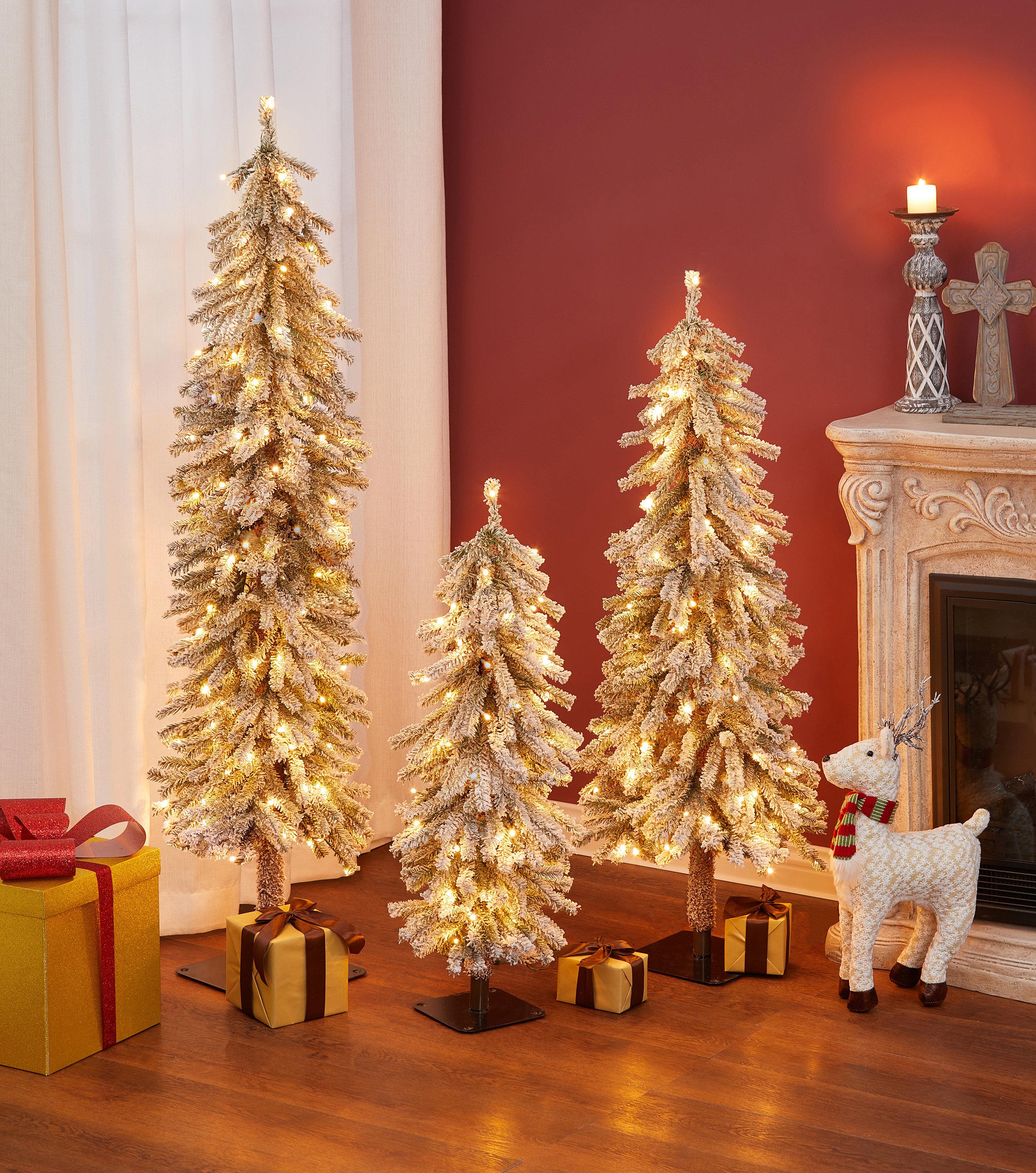 Mercury Row® Slender Green Fir Flocked Christmas Tree Set with Lights & Reviews | Wayfair