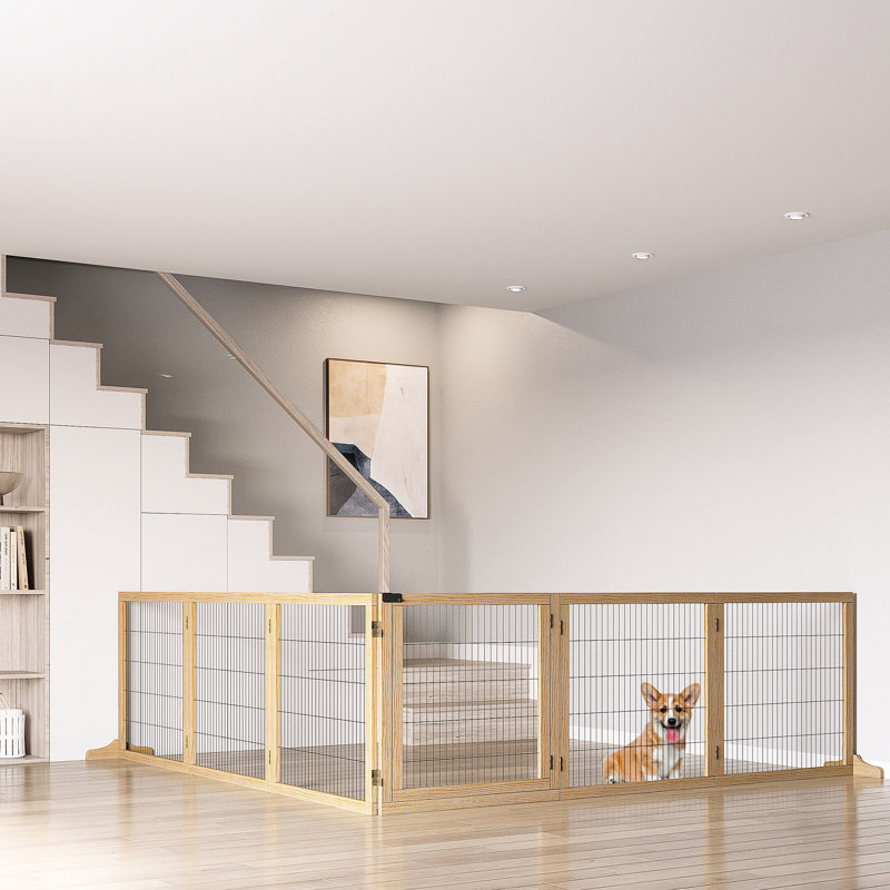 Barrière en bois pour chien, 170 po. Barrière pour animaux pliable pour petits et moyens chiens. 6 avec pieds de support. Bois naturel. Porte de maison fonctionnelle et fiable, escalier robuste et pratique