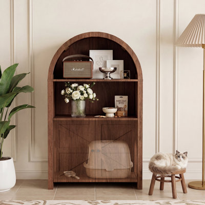 Arched Top Cat Litter Box Furniture Hidden - Rustic Wood Cat Washroom Storage Cabinet With Double Doors