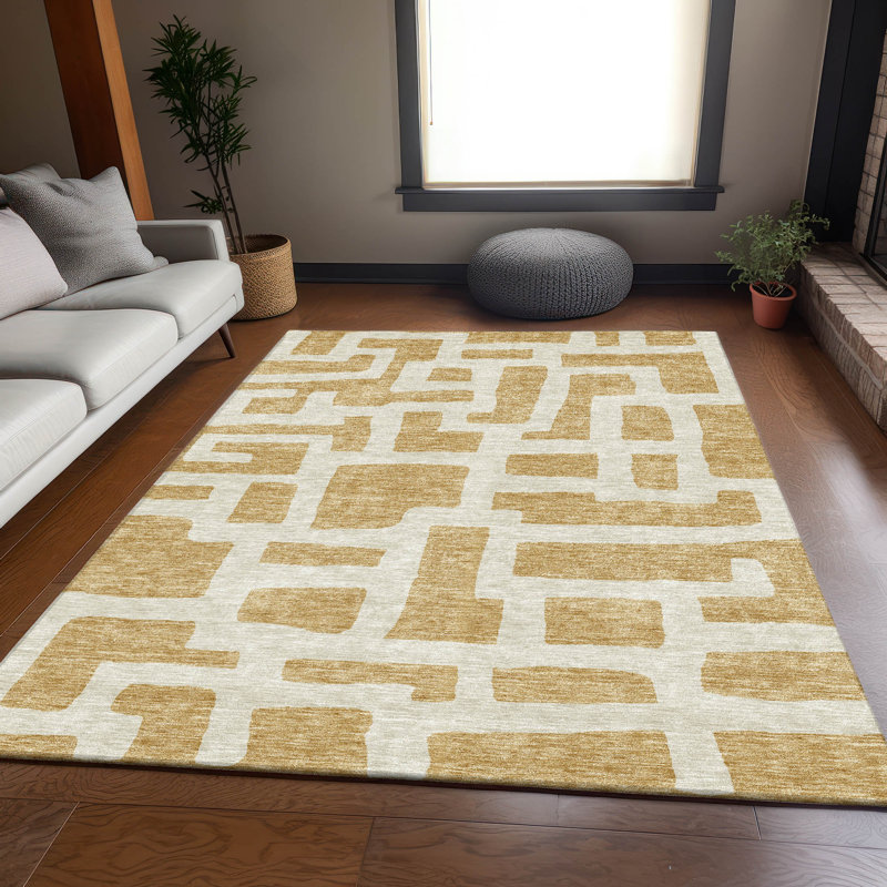 Premium Machine Washable Prisco Gold Rug, Rectangle 2'6" x 3'10"