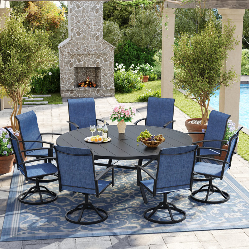 8-Person Patio Dining Set with 60" Round Dining Table and 8 Swivel PVC-coated polyester Chairs, Black/Blue