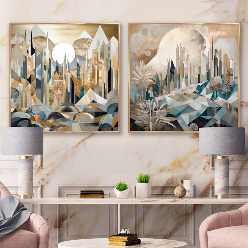 Harmonie géométrique dorée et blanche - ensemble de 2 collages carrés de paysages abstraits, Cadre flottant doré