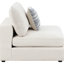 Fauteuil beige sans accoudoirs, style modulaire, pour coin salon principal, coussins amovibles faciles à rafraîchir, dossier garni de plumes et de duvet, coussins moelleux, revêtement en tissu, coussins inclus.