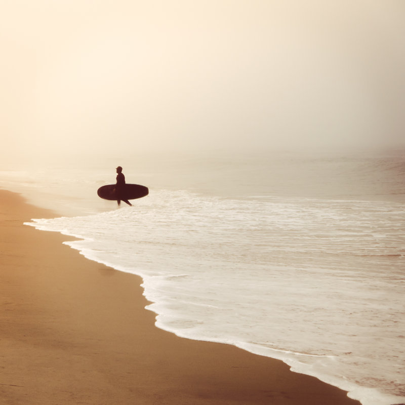 Silhouette d'un surfeur sur une plage brumeuse, H 12 po x l 12 po, Cadre doré simple, Non