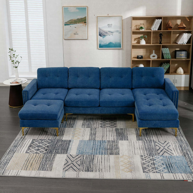 Canapé modulaire convertible en L 110,6 po avec repose-pieds mobile, Bleu