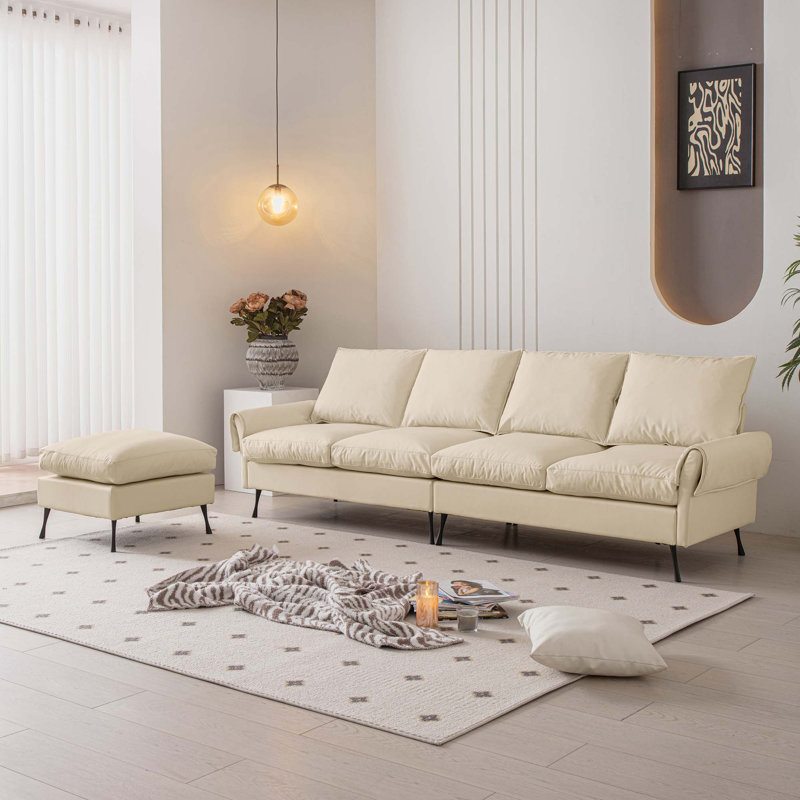Aerolynn 104.5" Modern Technical Leather Sectional Sofa With Convertible And Ottoman, Dark Gray Chenille