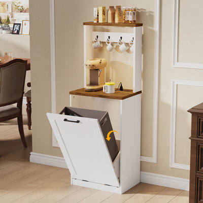 Armoire à ordures inclinable avec station de charge, armoire à poubelle de cuisine avec rangement et organisateur de tasses, armoire de recyclage en bois 10 gallons, armoire à ordures cachée
