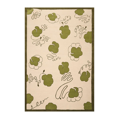 Tapis beige / vert en laine noué à la main de conception unique 6 pi x 9 pi Demi-Lee